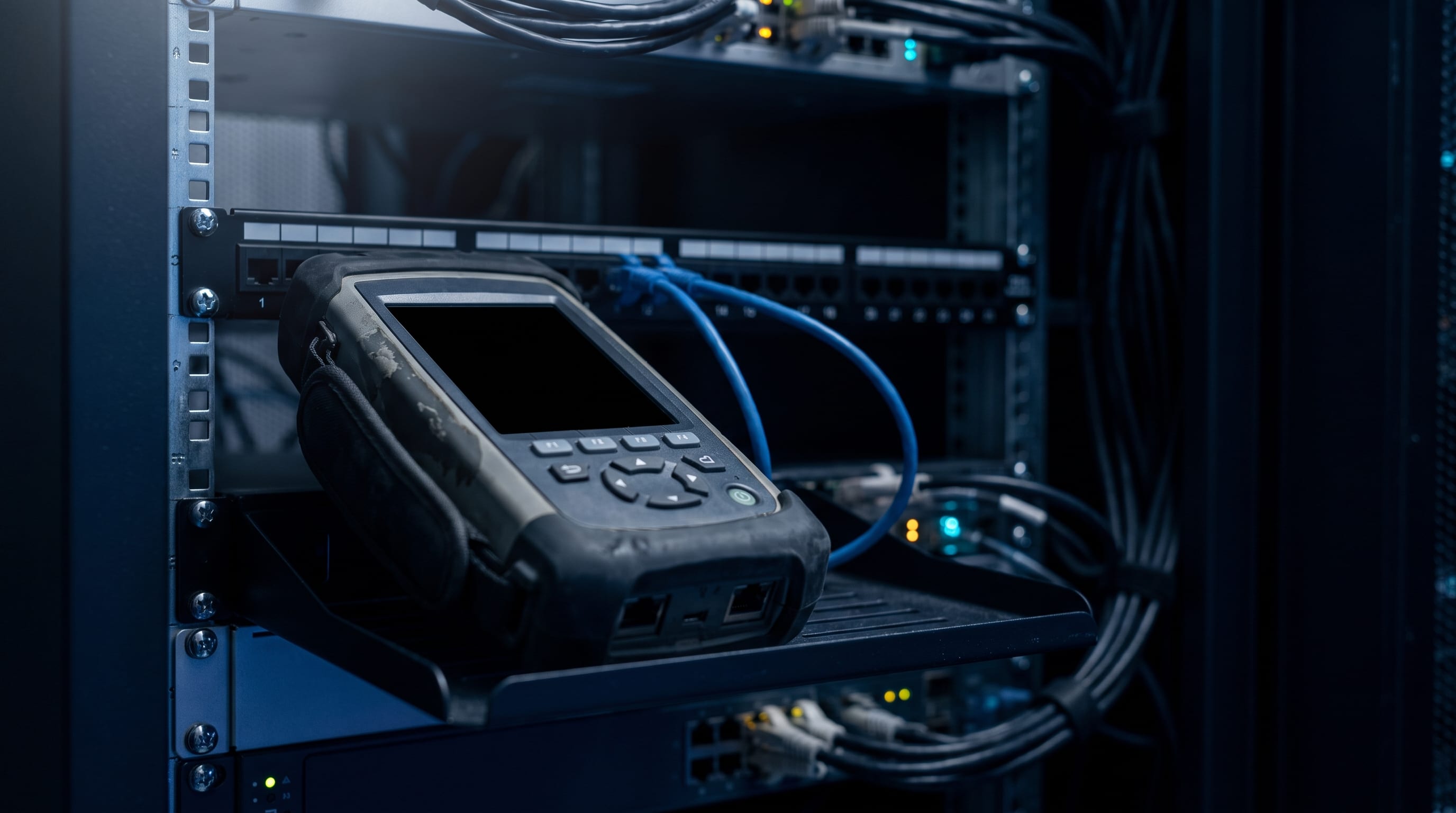 Cable certifier resting on a patch panel inside a rack