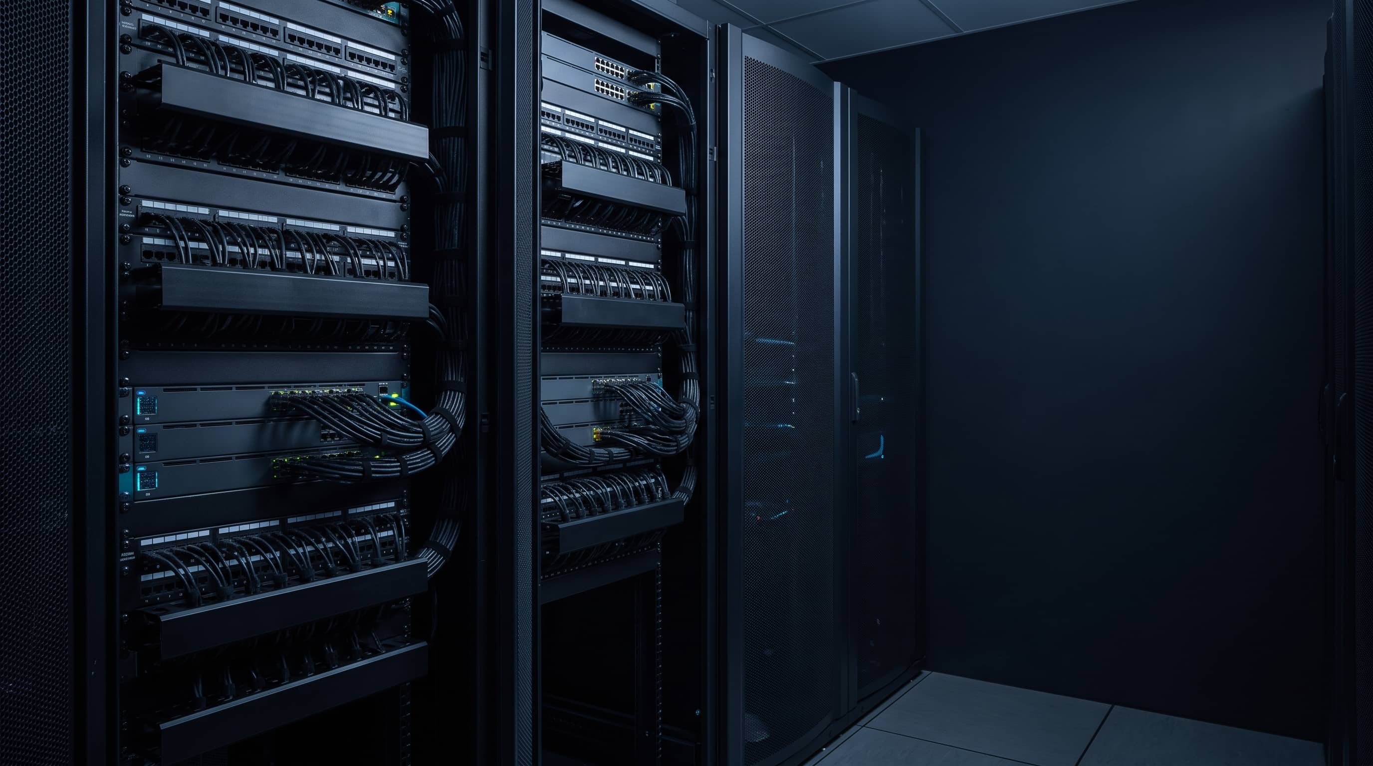 Technical room with network racks, tidy patching and horizontal managers