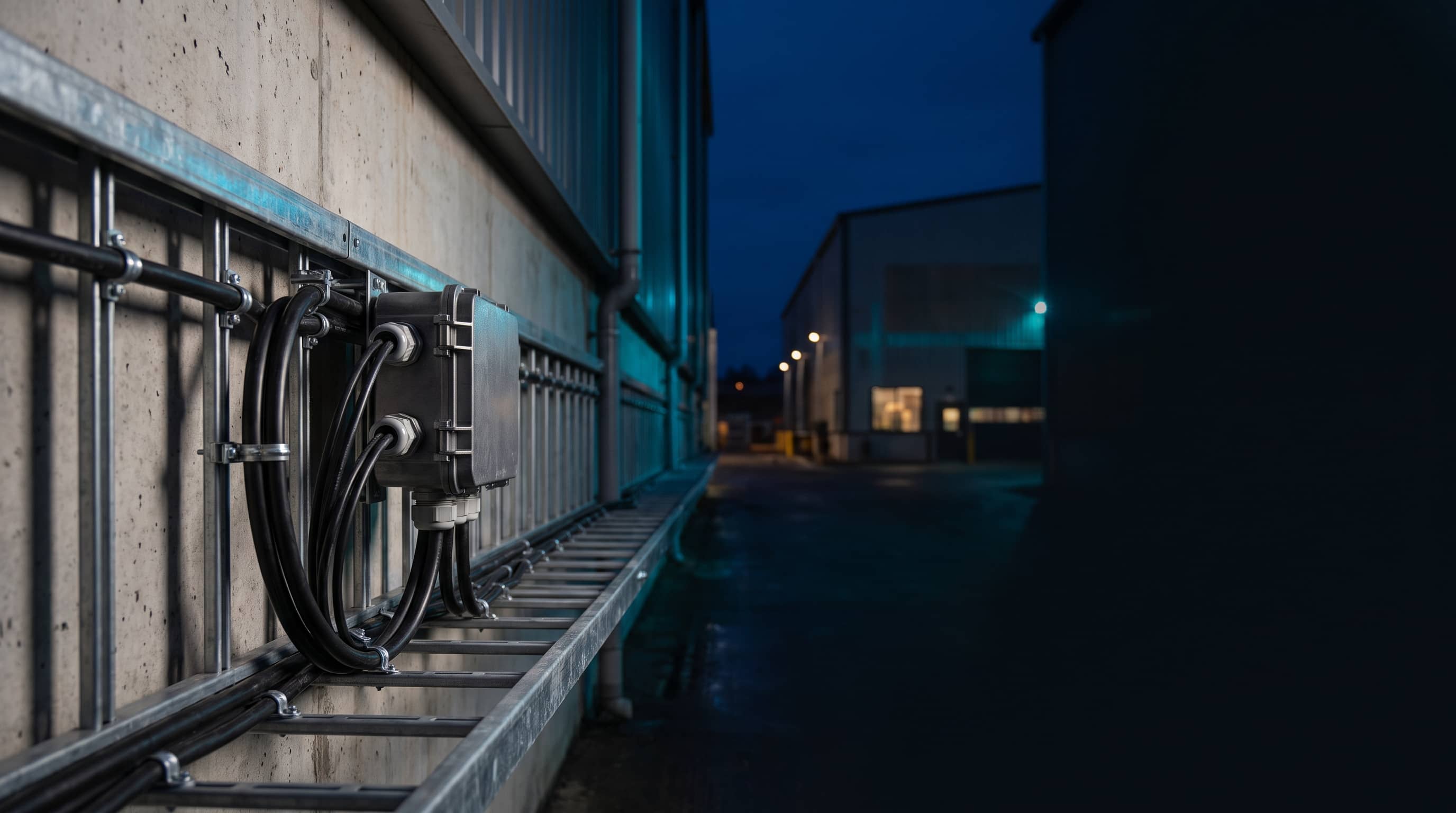 Cable tray with a fibre trunk and splice enclosure between two industrial buildings